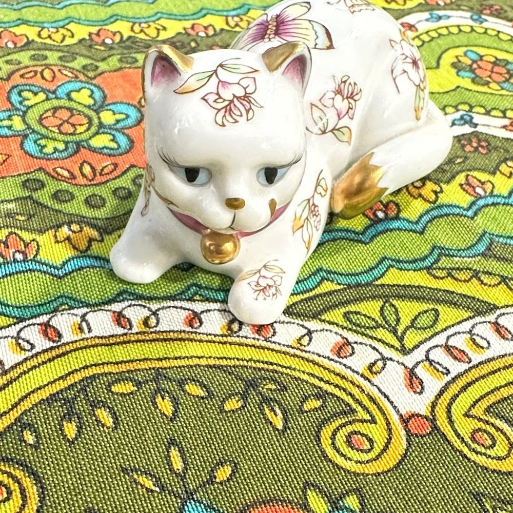 Franklin Mint Floral Cat Figurine with Pink and Gold Accents